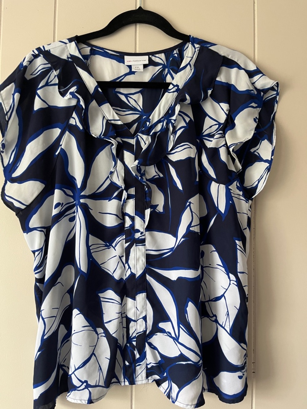 Liz Claiborne Navy & White Floral Ruffle-Trim Blouse